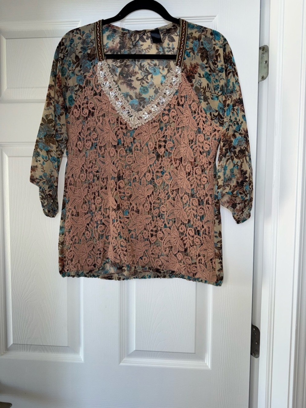 Floral Lace Overlay Women's Blouse - Dusty Rose & Teal